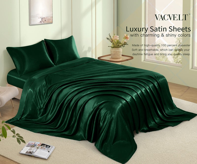 VACVELT 4pcs Emerald Green Satin Bed Set  Full Size  15 Inch Deep Pocket  Soft Satin Bedding Set  Cooling & Luxury  1 Fitted Sheet + 1 Flat Sheet + 2 Pillowcases - Image 3
